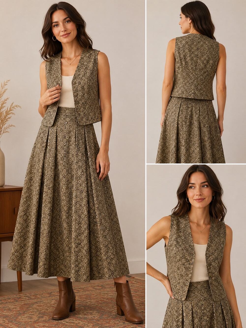 Vintage 1970s Taupe Geometric Print Vest & Long Skirt Two Piece Set M